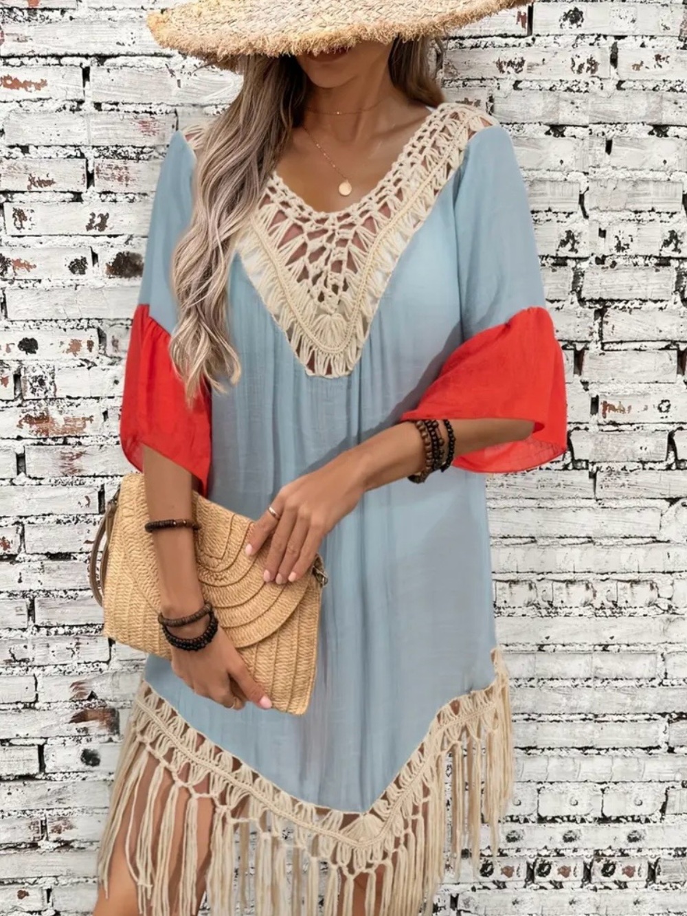 Boho Crochet Fringe Tunic Dress / Coverup in Light Blue with Orange Sleeves